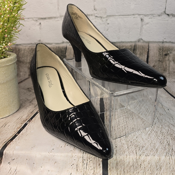 CABRIZI HOLLY CROC EMBOSSED GLOSSY BLACK HEELS PUMPS WOMENS 7.5 EUC - Picture 3 of 13